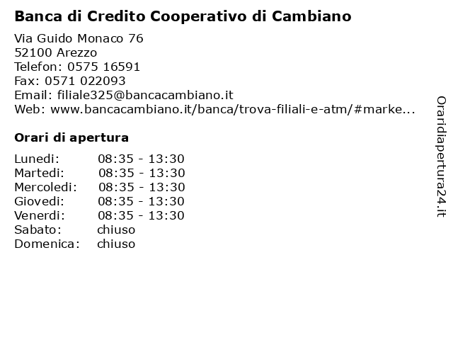 Orari di apertura Banca di Credito Cooperativo di Cambiano